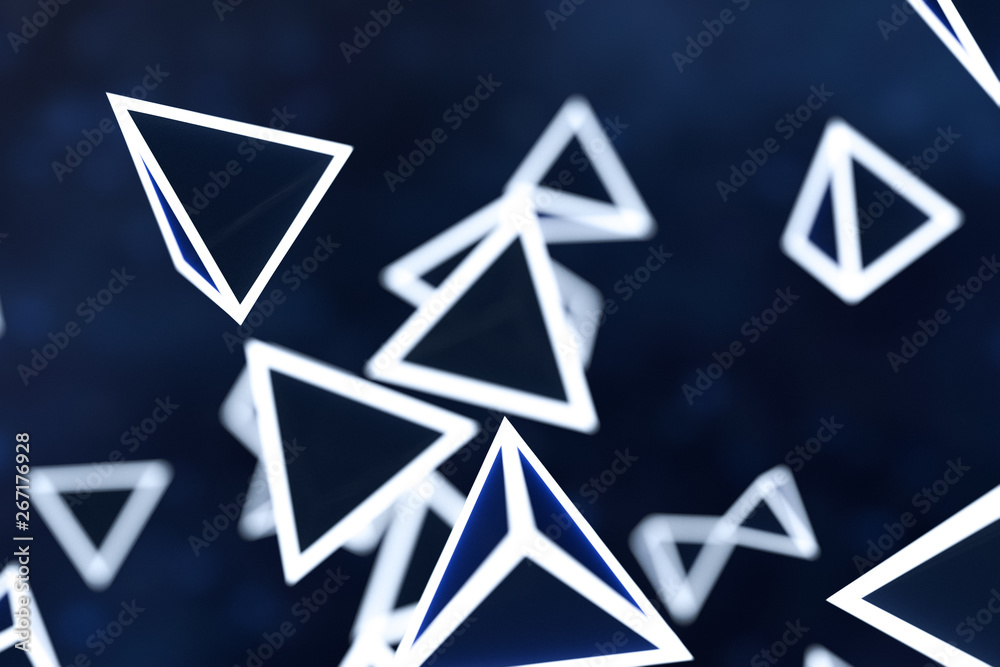 3d rendering, glowing triangle cube with dark background.