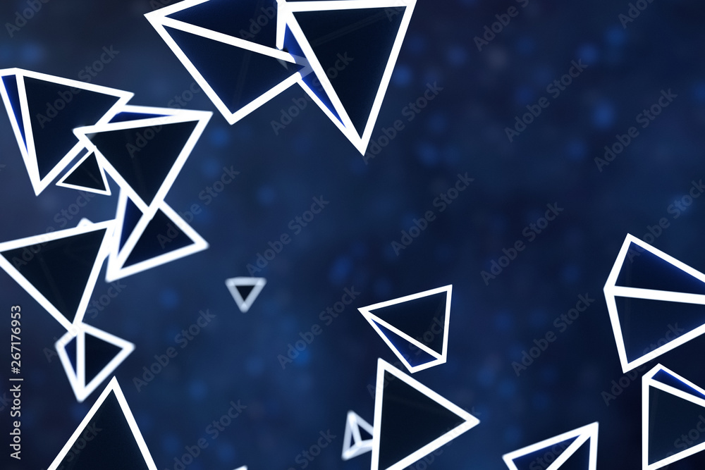 3d rendering, glowing triangle cube with dark background.