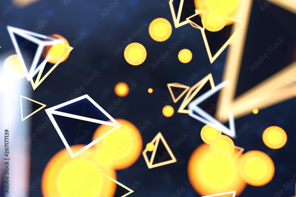 3d rendering, glowing triangle cube with dark background.