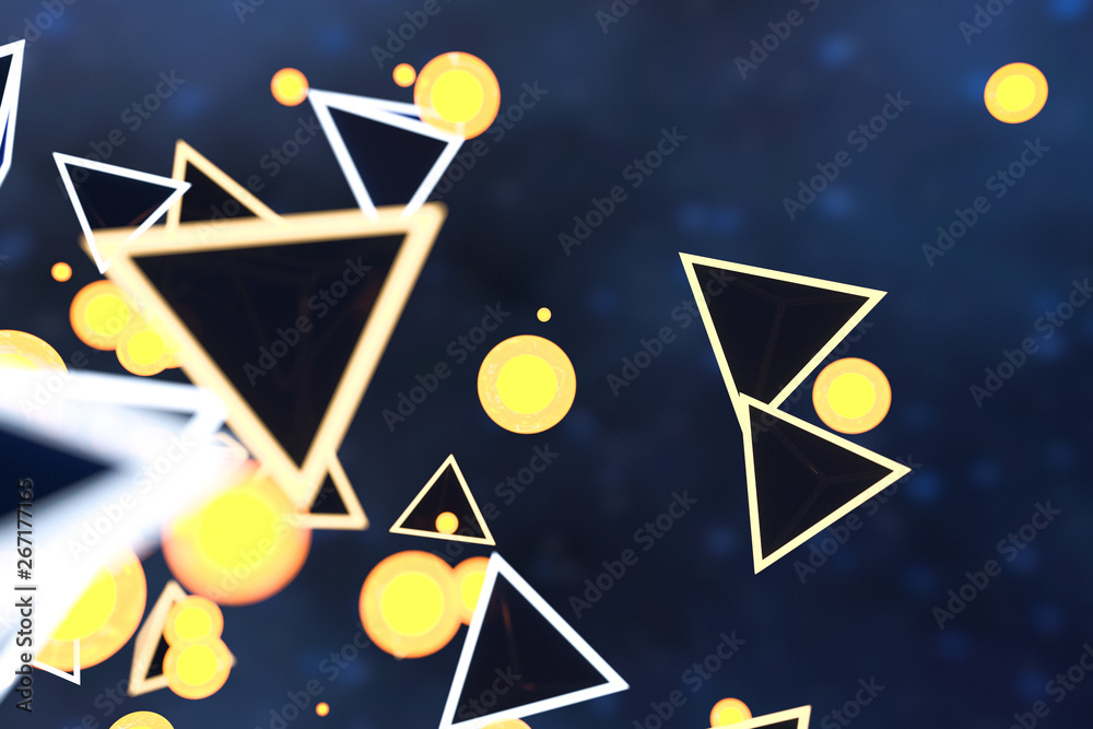 3d rendering, glowing triangle cube with dark background.