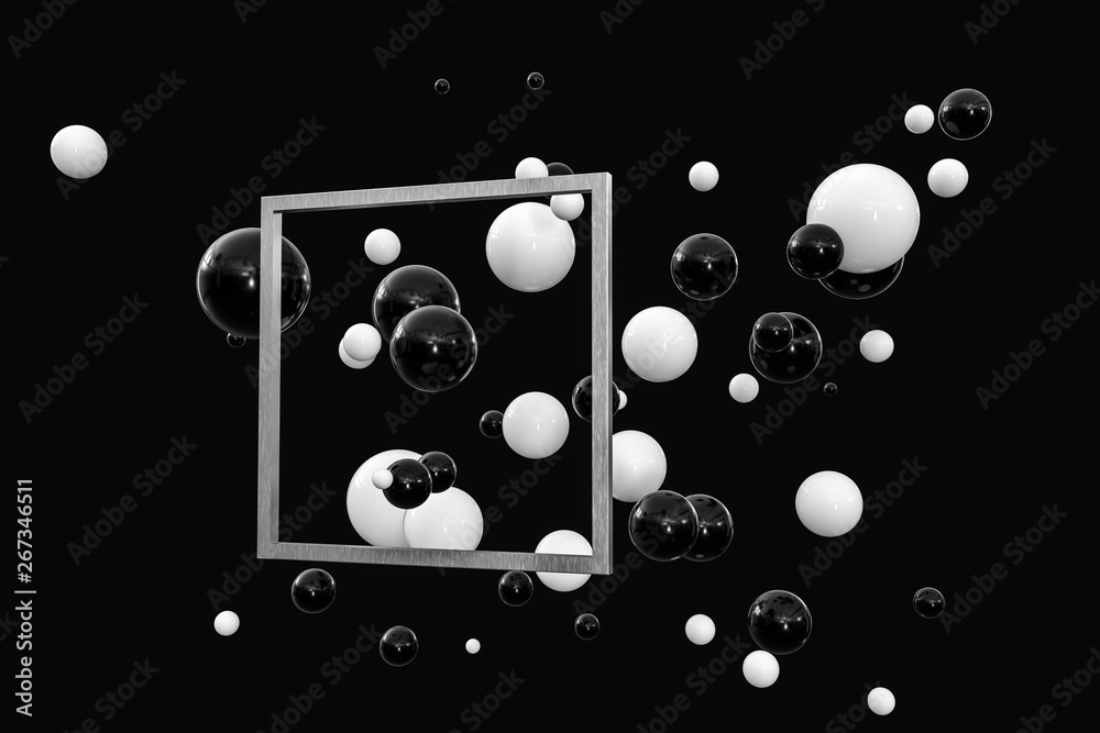 3d rendering, black and white balls with frame in the middle.