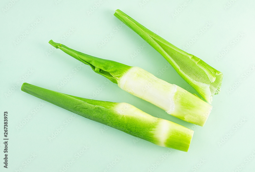 Fresh aquatic vegetables simmered on a light green background