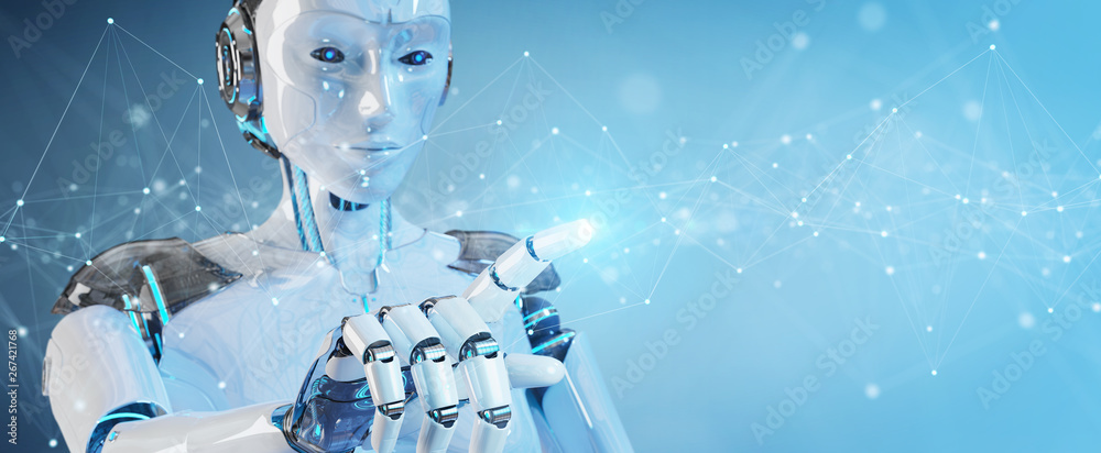 White robot using floating digital network connections with dots and lines 3D rendering