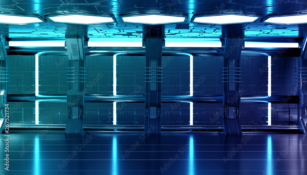 Dark blue spaceship futuristic interior with tech wall panel 3d rendering