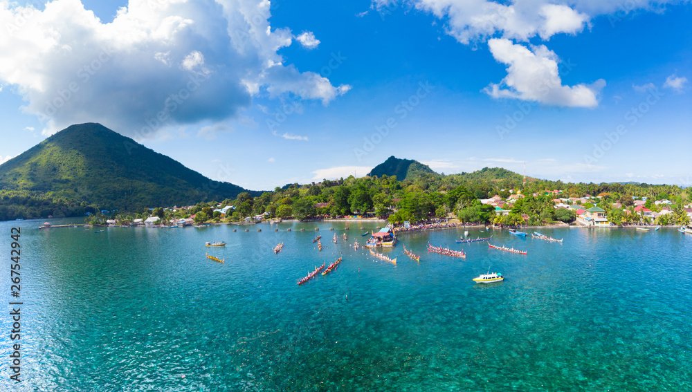 Aerial view Banda Islands Moluccas archipelago Indonesia, Pulau Gunung Api, Bandaneira village, cora