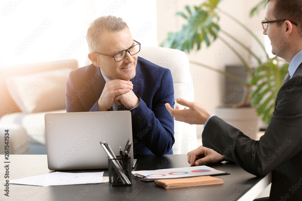 Handsome mature businessman with colleague working in office