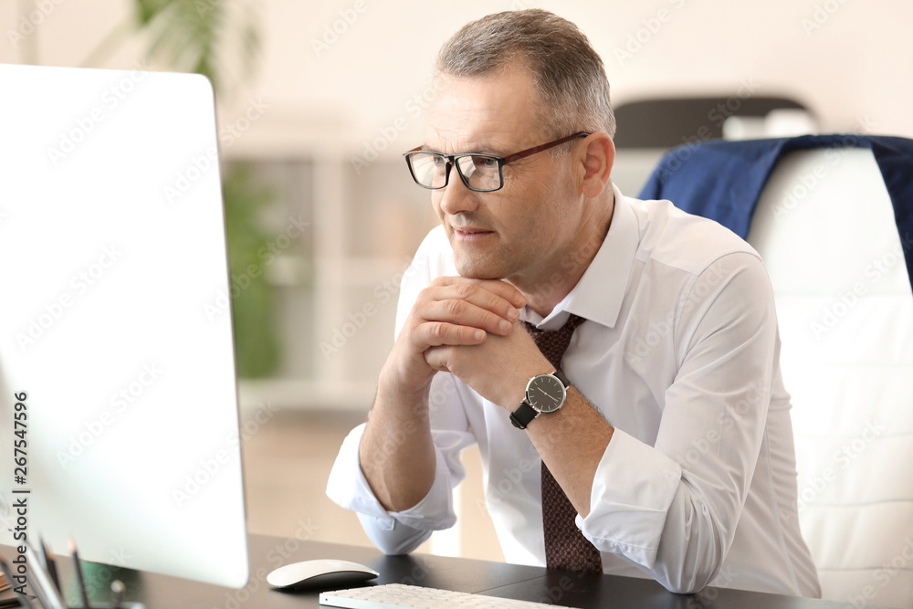 Handsome mature businessman working in office