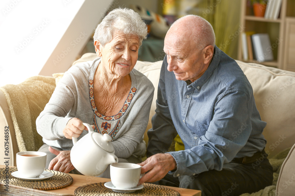 Portrait of senior couple drinking tea at home