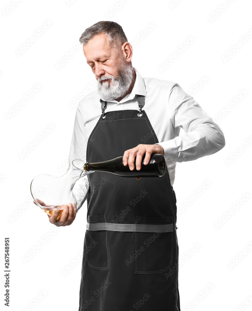 Portrait of elegant mature sommelier on white background