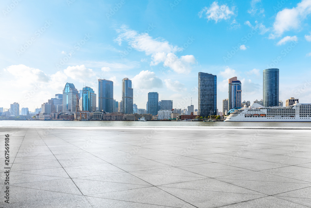 Shanghai city skyline and buildings with empty floor