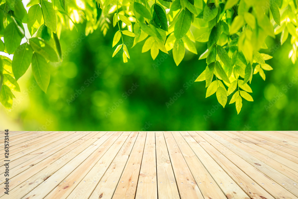 Empty wood plank table top with park green nature background