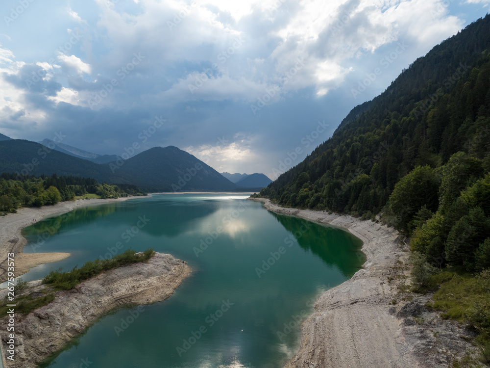 Beautiful landscape in summer, lake Sylvenstein and Alps over the water. Germany, August, 2018