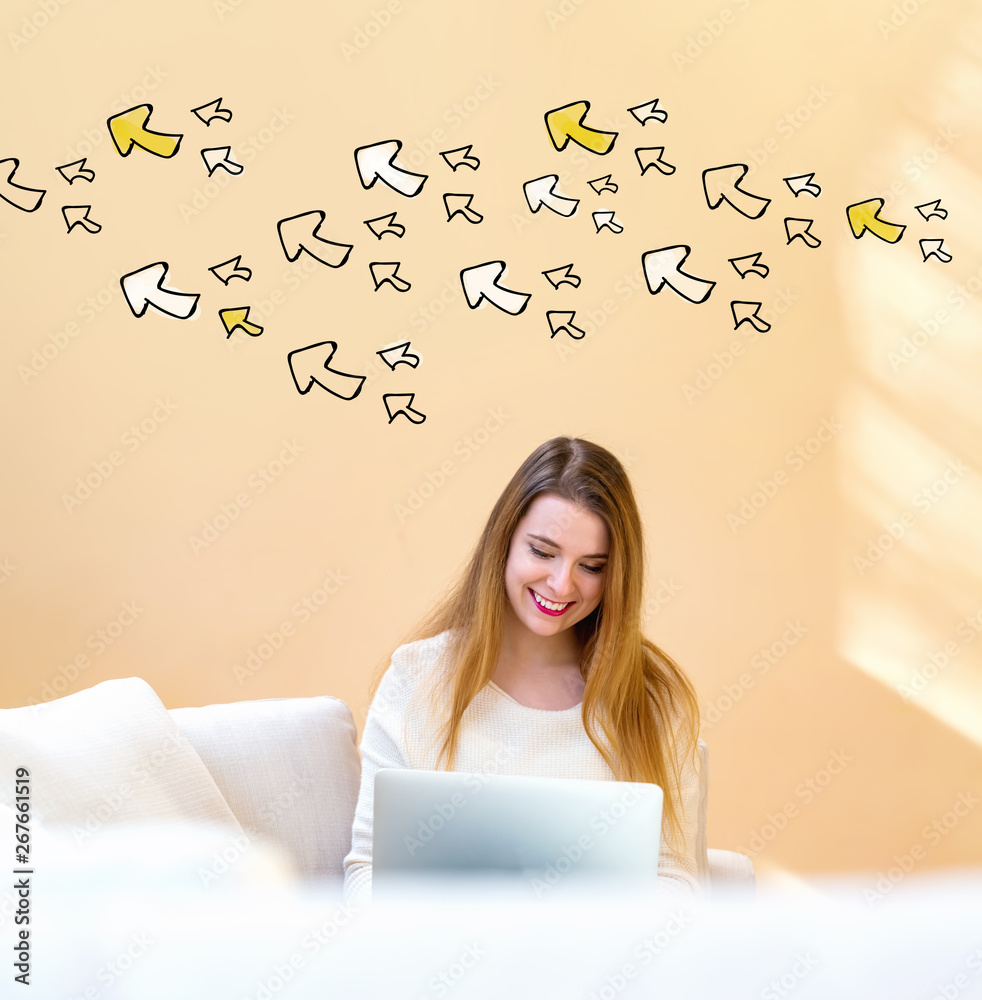 Many small arrows with young woman using her laptop computer at home