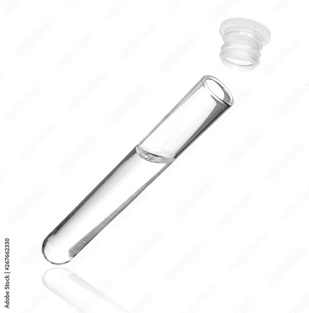 Vial with transparent liquid close up on white background