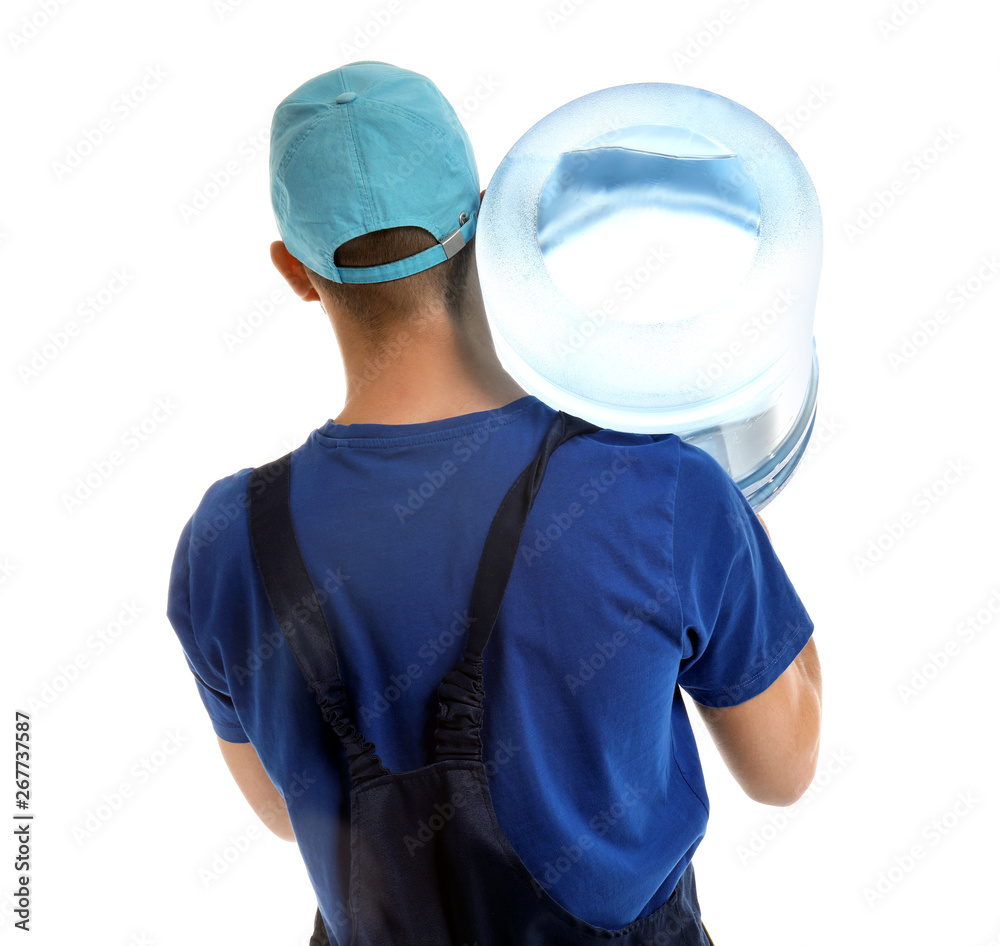 Delivery man with bottle of water on white background