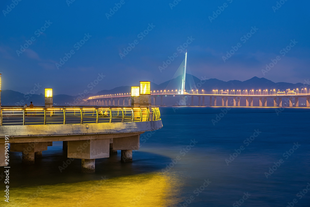 广东省深圳湾观湾公园观海大桥和深圳湾公路大桥夜景