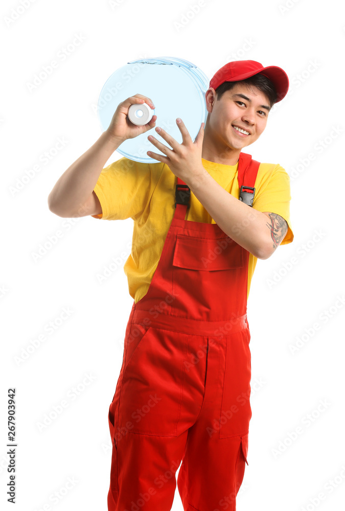 Asian delivery courier with bottle of water on white background