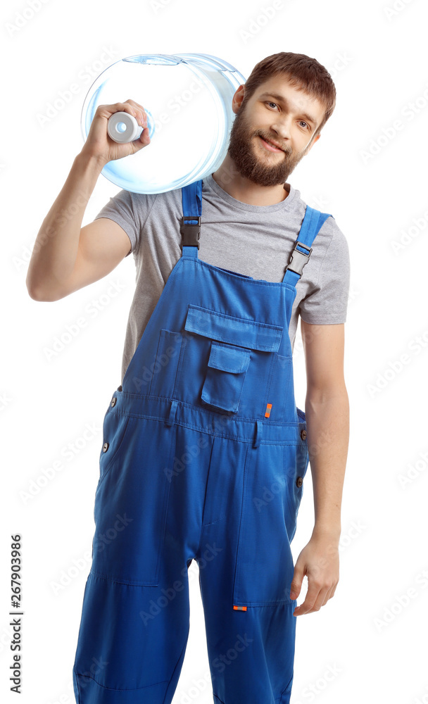 Delivery courier with bottle of water on white background