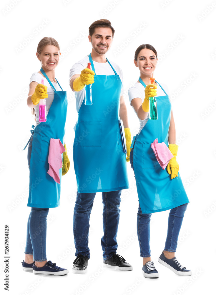 Team of janitors on white background