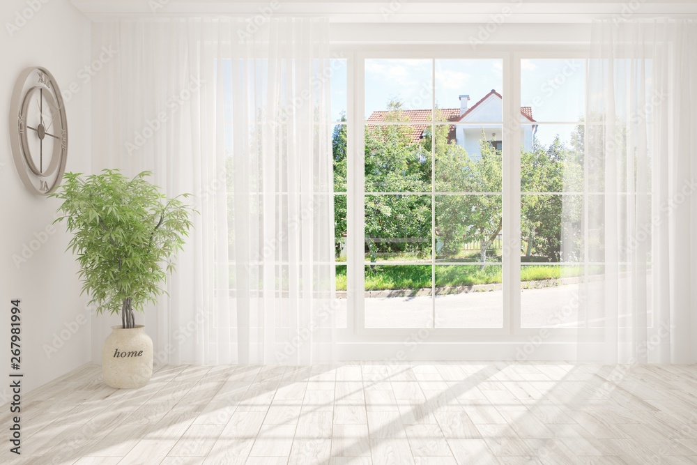 Stylish empty room in white color with summer landscape in window. Scandinavian interior design. 3D 