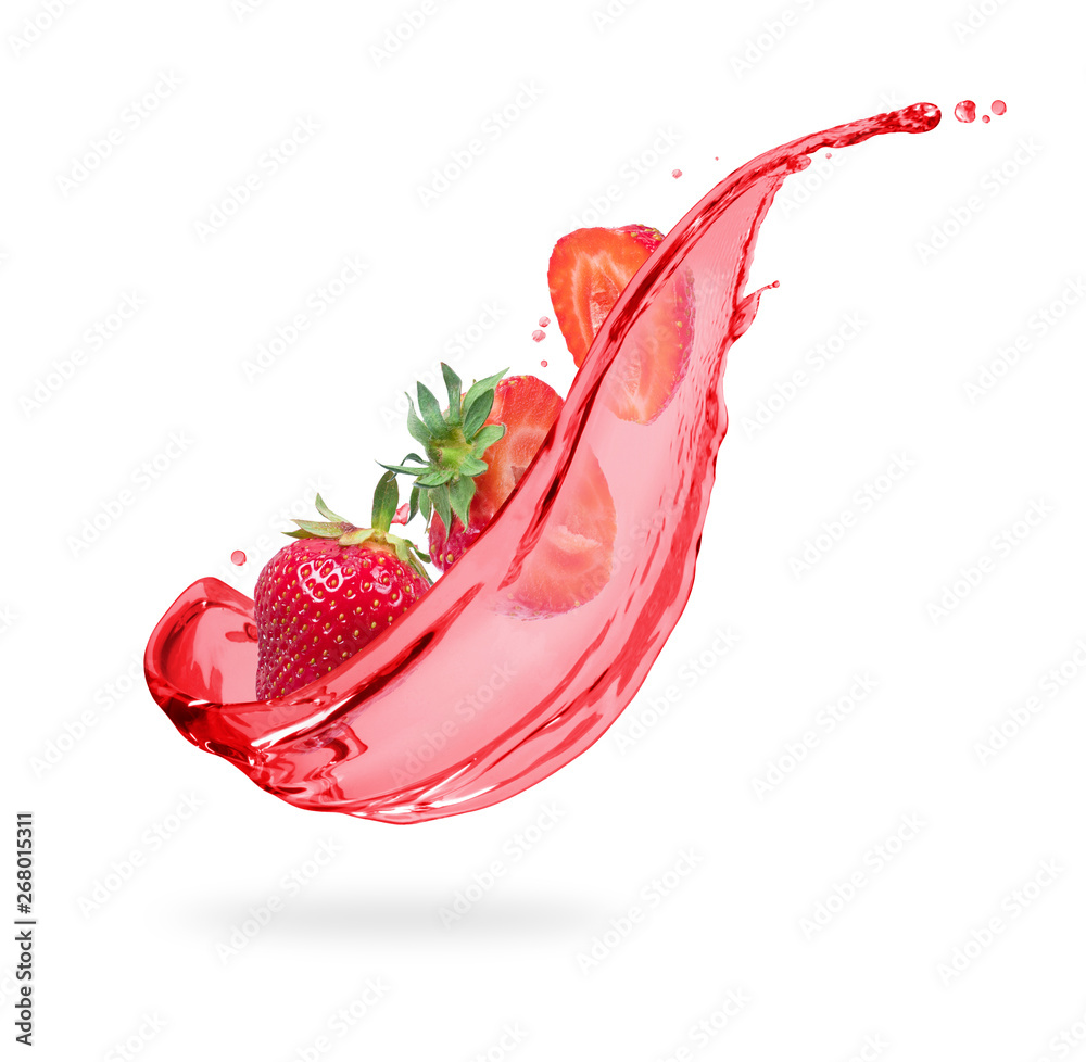 Strawberries with splashes of fresh juice close-up on white background