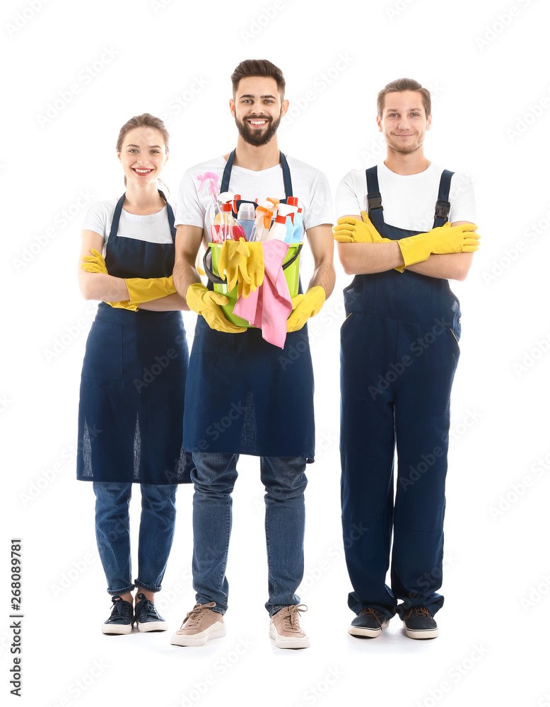 Cleaning service workers on white background