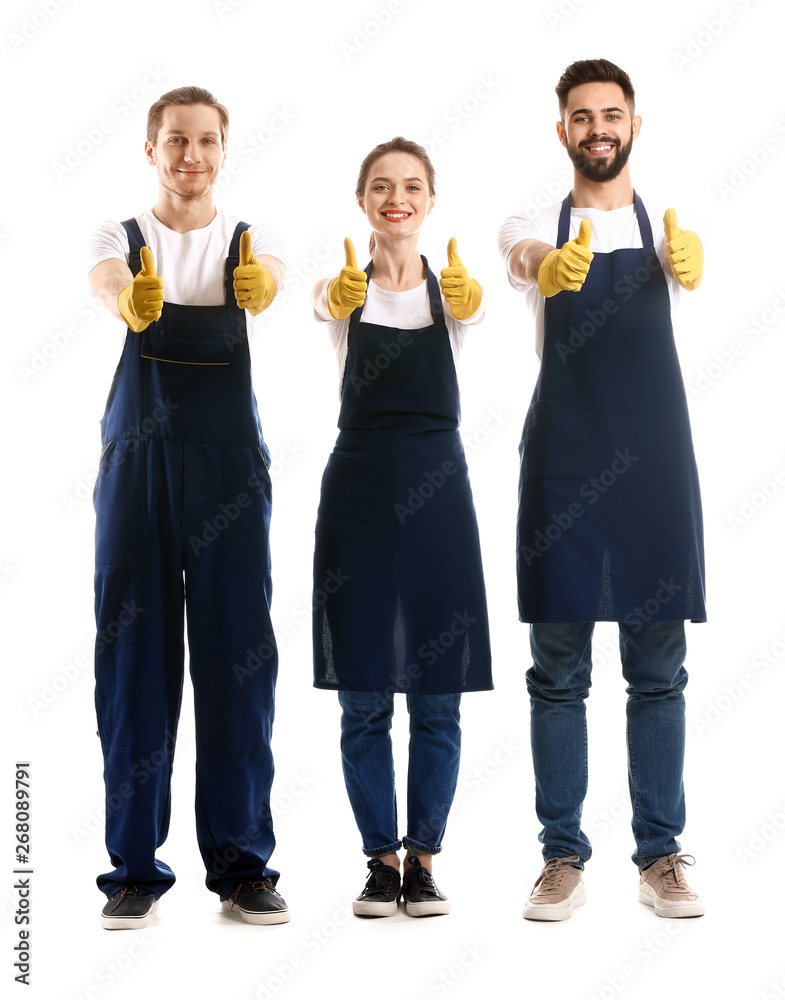 Cleaning service workers showing thumb-up on white background