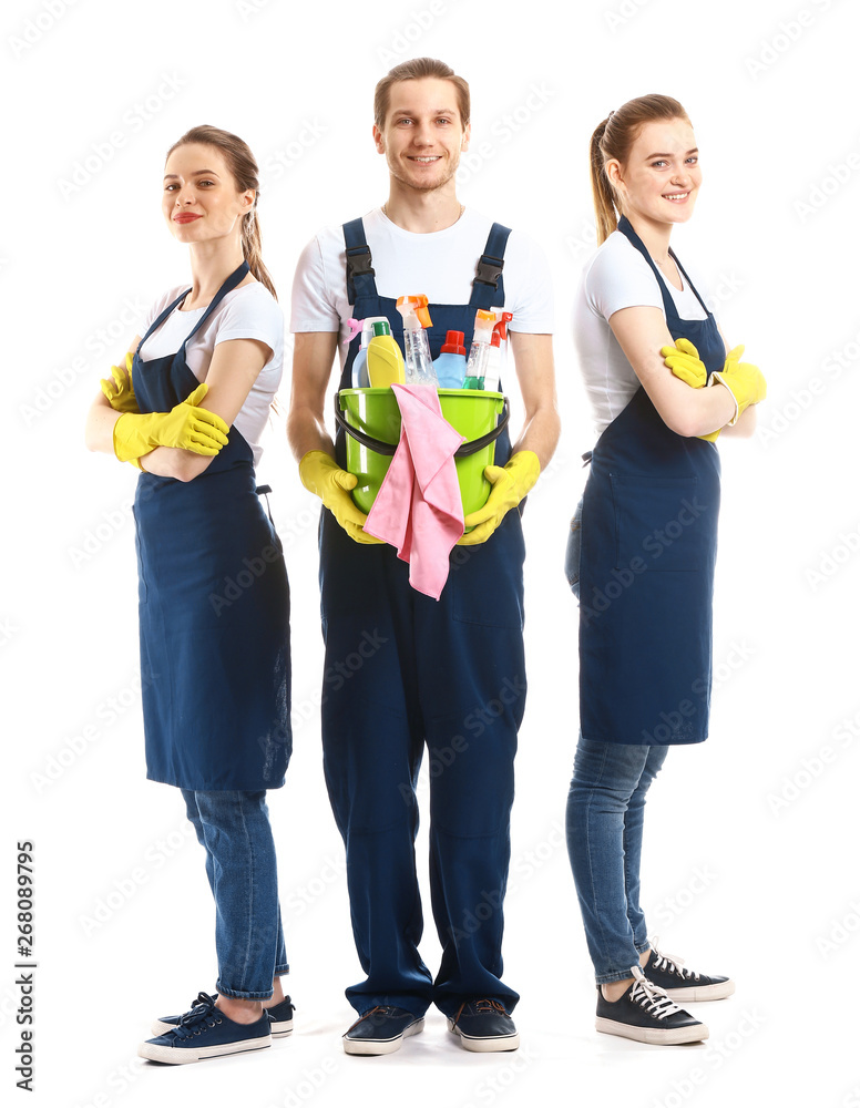 Cleaning service workers on white background