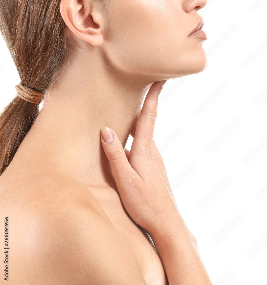 Beautiful young woman on white background