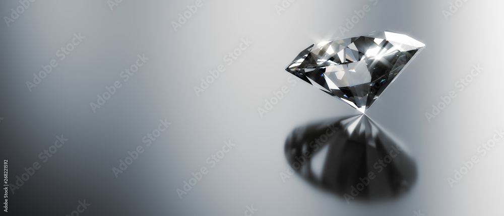 Diamond with reflected background and copyspace 3d illustration.