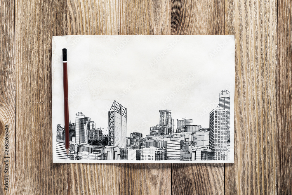 Big city skyline pencil draw