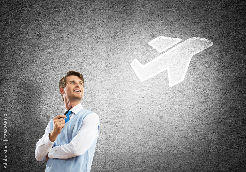 Elegant banker wearing red tie and airplane as transportation concept