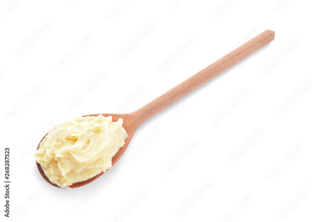 Spoon with tasty mashed potato on white background