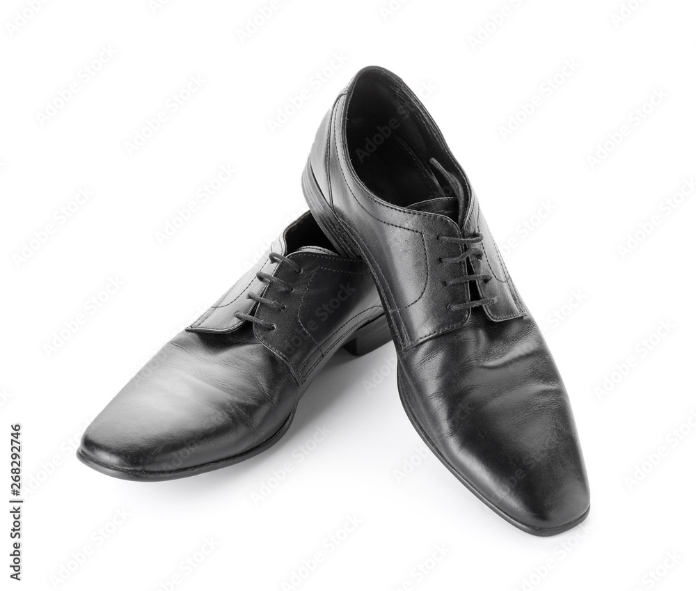 Pair of stylish male shoes on white background