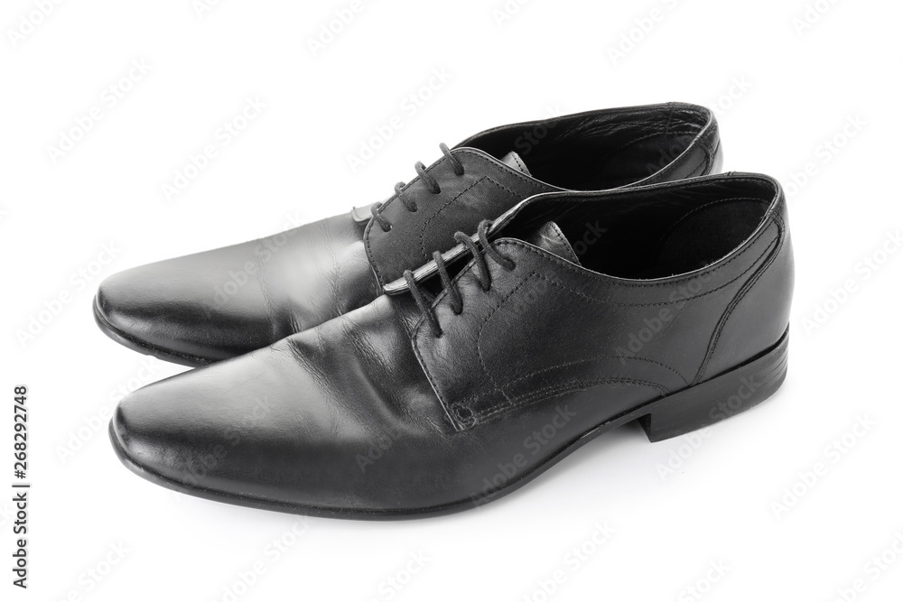 Pair of stylish male shoes on white background