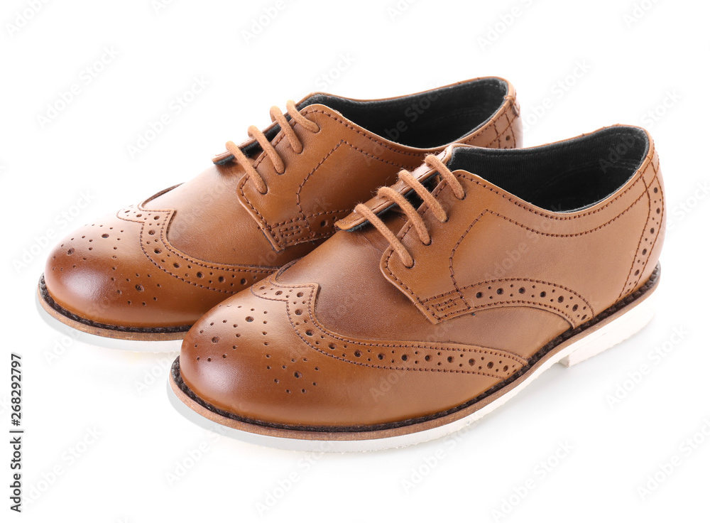 Pair of stylish leather shoes on white background