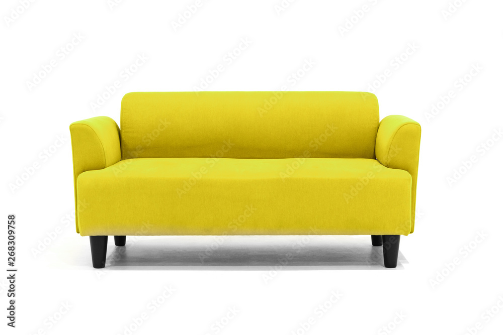 Yellow Scandinavian style contemporary sofa on white background with modern and minimal furniture de