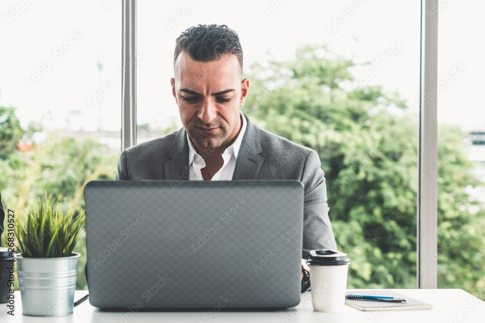 Middle aged businessman executive using laptop computer while sitting at the table in the office roo