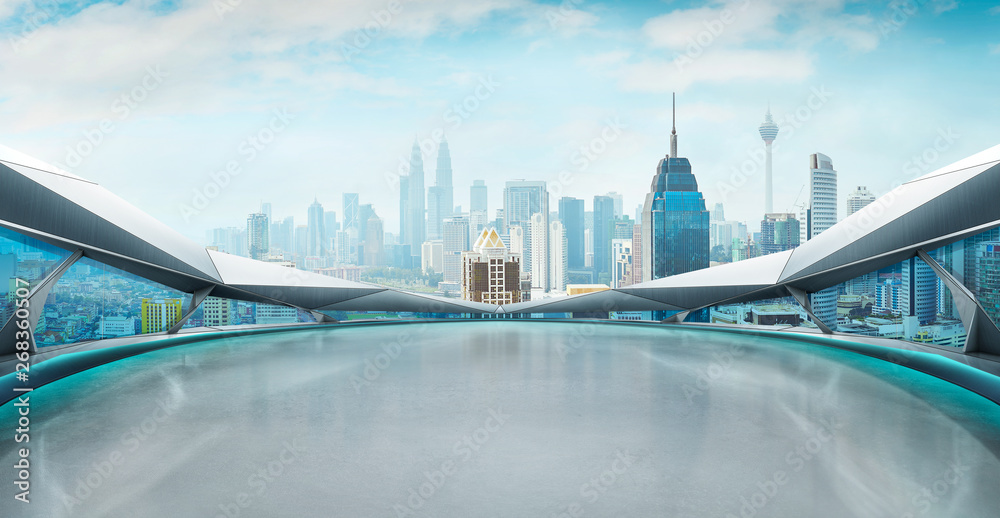 Panoramic view of futuristic geometric shapes design empty floor with city skyline . Morning scene .