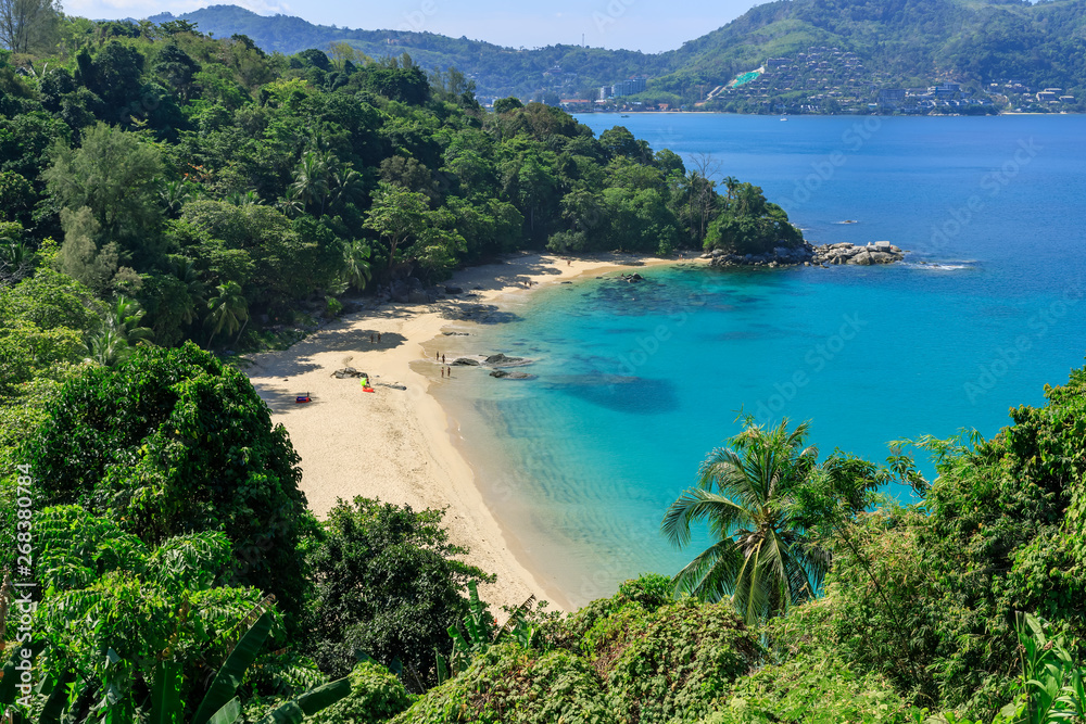 Aerial scenic view over beautiful Andaman sea and small bays at Laem Sing Viewpoint, Phuket, Thailan