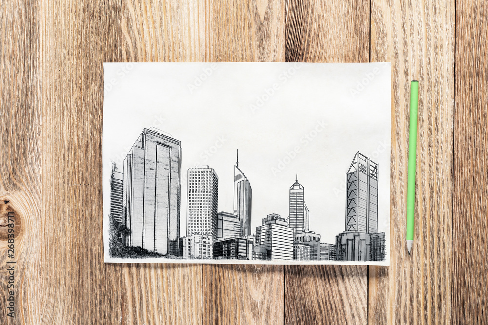 Modern city center pencil draw