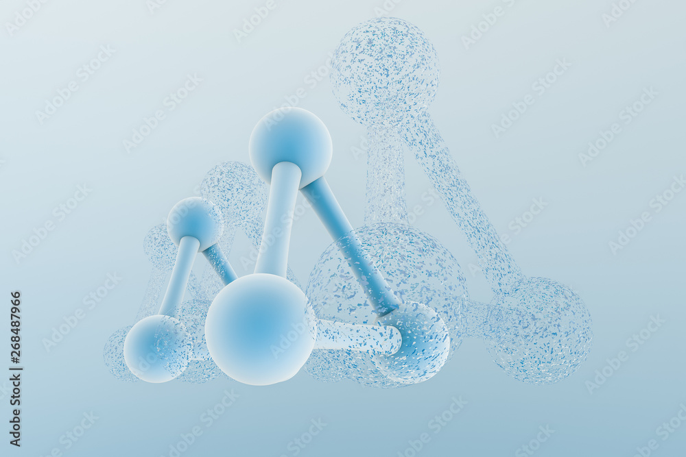 3d渲染，具有粒子效应的蓝色化学配方