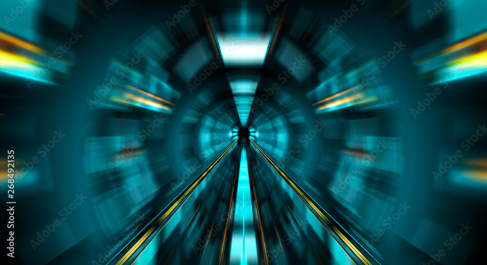 Abstract zoom effect in a blue dark tunnel background with traffic lights