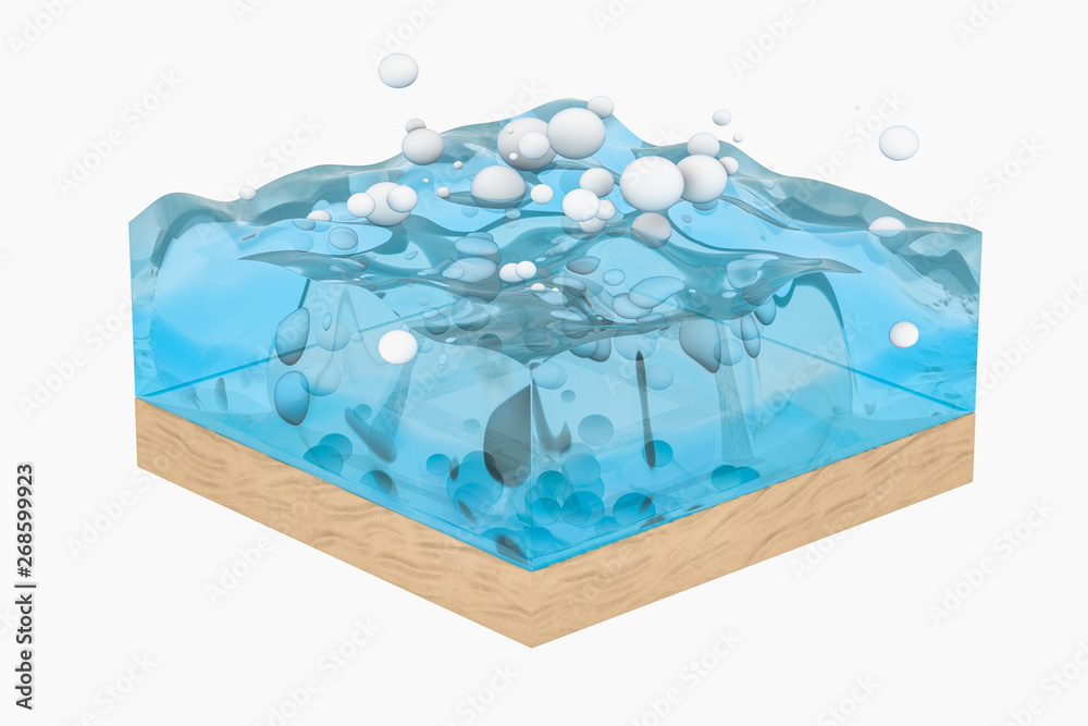 Light blue water wave cube, with creative spheres bubble, 3d rendering.