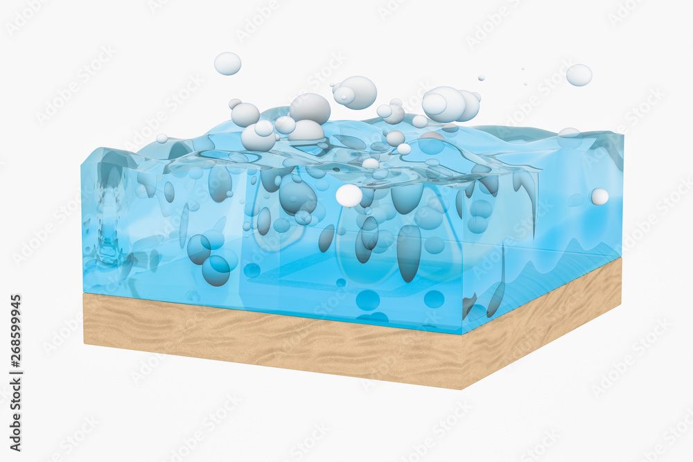 Light blue water wave cube, with creative spheres bubble, 3d rendering.