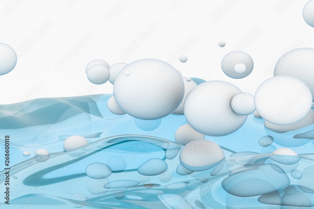 Light blue water wave cube, with creative spheres bubble, 3d rendering.