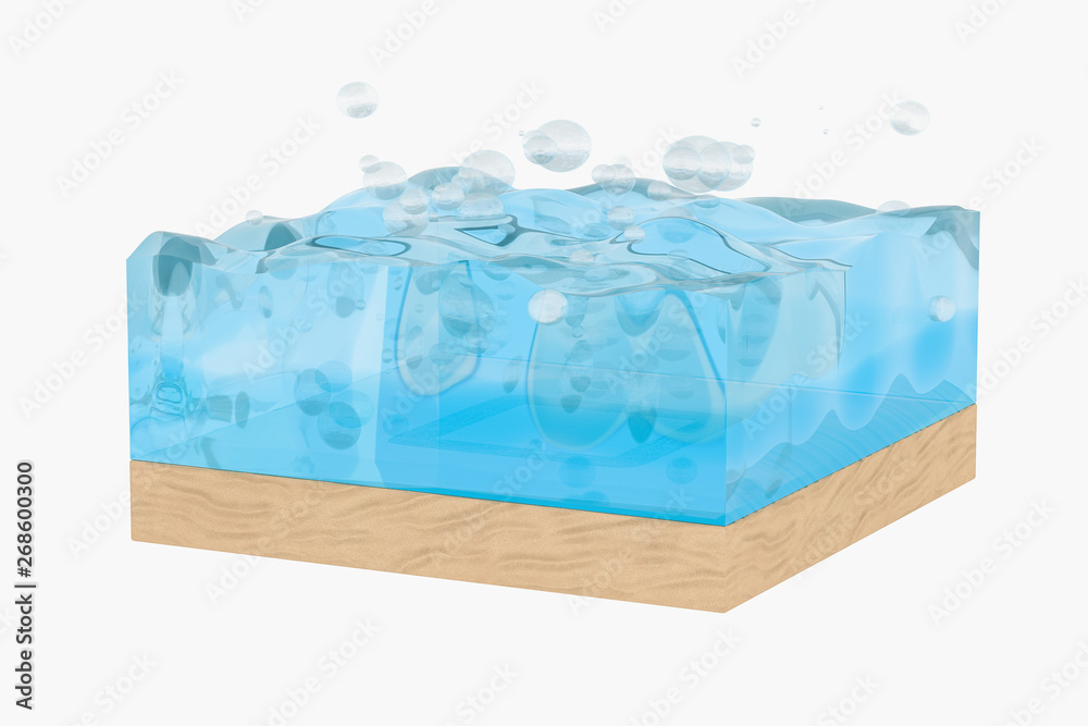 Light blue water wave cube, with creative spheres bubble, 3d rendering.