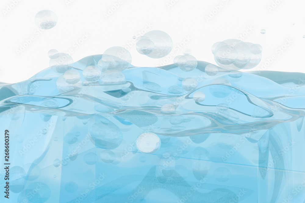 Light blue water wave cube, with creative spheres bubble, 3d rendering.