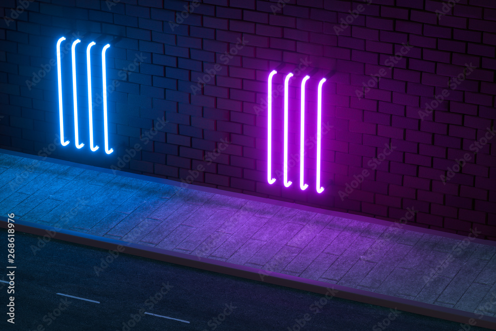 The glowing neon with brick wall background, 3d rendering.