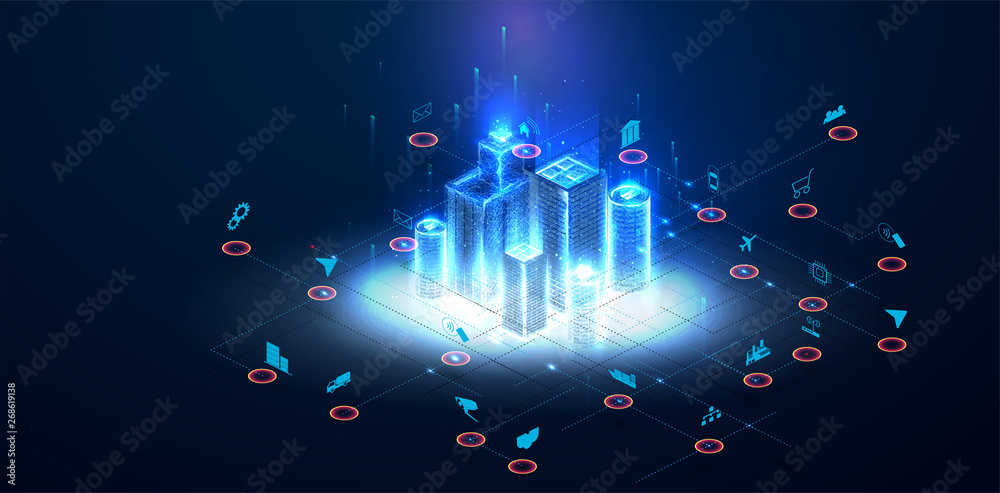 Modern isometric design concept of Smart City for website and mobile website development.Modern city